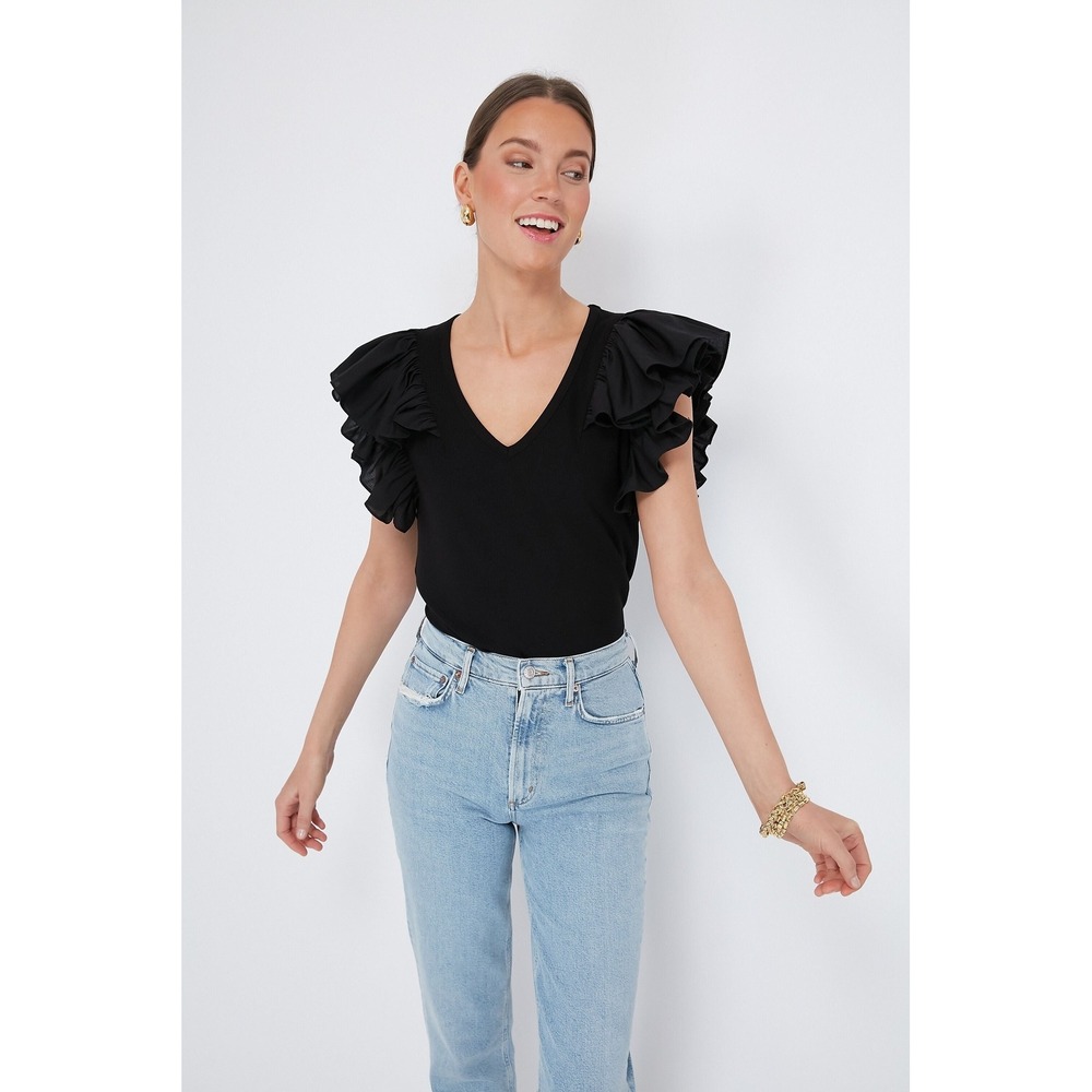 Tuckernuck Pomander Place Black Rib Knit V-Neck Ruffle Sleeve Top Small